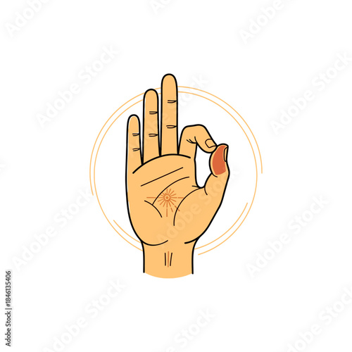 Hand gesture showing the ok sign or mudra, stylized illustration on black
