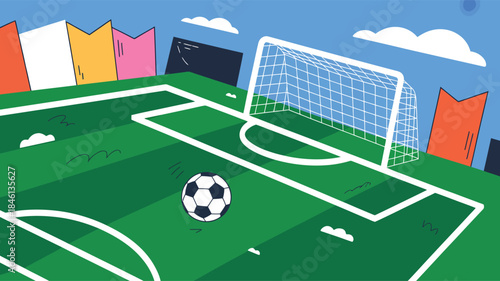 A cartoon illustration of a vibrant green soccer field with a goal and a black and white ball under a blue sky.