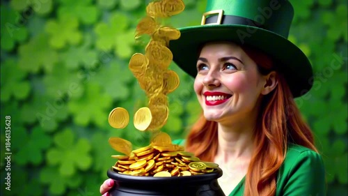 Enchanted leprechaun woman catching gold coins shower in lush greenery
