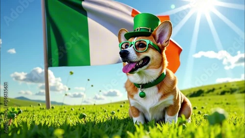 Cheerful corgi with irish hat enjoying sunny day in lush green field