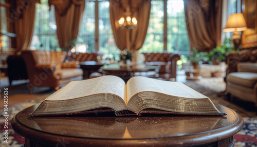 An open ancient book rests on a polished wooden table, bathed in the warm glow of indoor lighting, symbolizing knowledge and history