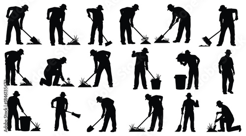 Black silhouettes of person performing various cleaning tasks, three-row layout showing sweeping, mopping, vacuuming, scrubbing, and trash handling, visual reference for housekeeping and janitorial wo