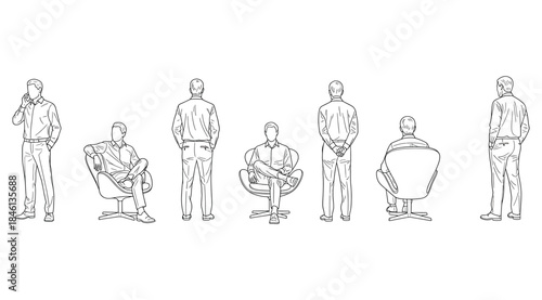 Line drawings of six human figures in varied seated and standing poses, minimalist black-and-white illustration for posture study, body language reference, and artistic or design modeling