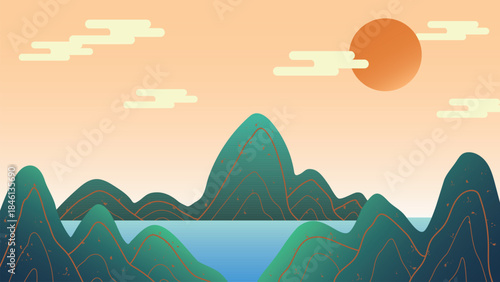Chinese landscape painting style of mountain water and sunset sky. Background for Lunar  New Year and all Chinese or Asian culture background