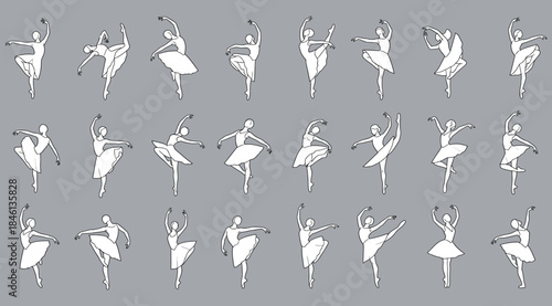Grid of spinning ballerina silhouettes on gray background, visual illusion illustrating perceptual rotation shifts and cognitive phenomena, artistic reference for psychology, brain dominance, and desi