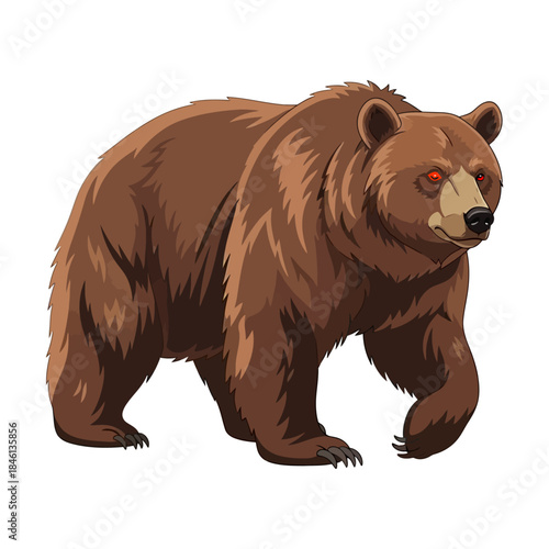 Fierce brown bear walking, detailed digital illustration with glowing red eyes