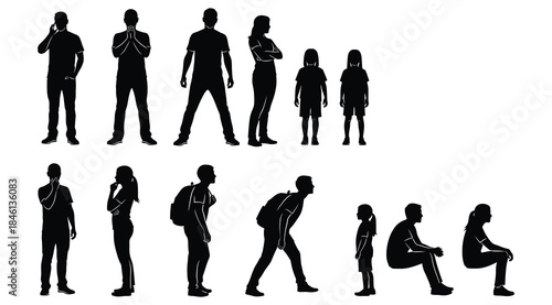 Black silhouette sequence of human growth and aging, top row shows upright stages, bottom row depicts relaxed and aged postures, visual representation of life cycle and developmental progression