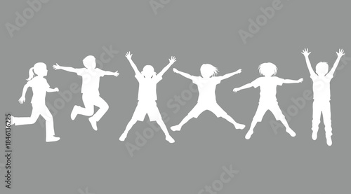 White silhouettes of six children in dynamic jumping and playful poses on gray background, expressive illustration capturing joy, movement, and childhood energy for educational, design, or behavioral 