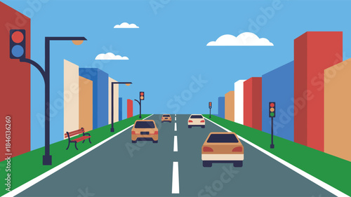 A colorful flat design illustration of cars driving on a city street with buildings and traffic lights illustration