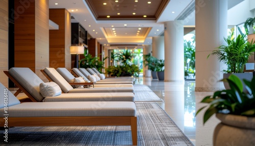 Sophisticated indoor luxury lounge designed for ultimate relaxation, featuring modern chaises longues and a tranquil ambiance in a pristine resort setting