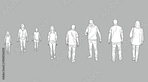Line of eight white silhouette figures arranged by increasing size, symbolizing human growth, age progression, diversity in posture and clothing, minimal contour illustration on gray background for de