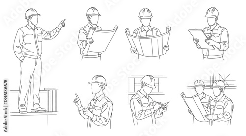 Line drawings of seven construction workers and engineers in helmets performing professional tasks such as pointing, reading blueprints, writing on clipboard, and discussing plans, minimal contour ill