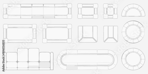 Architectural plan view showcasing various furniture layouts and design elements