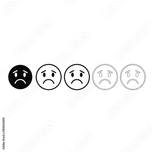 Sad face rating scale with negative emotion in black and white vector illustration for customer feedback survey.