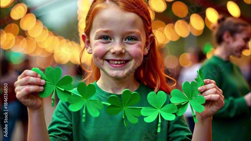 Joyful celebration of st. patrick’s day with smiling girl holding shamrock garland