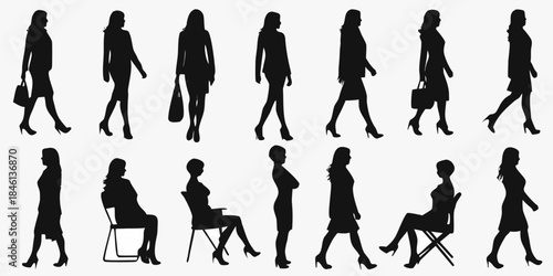 Silhouettes of women walking and sitting in various poses minimalist design