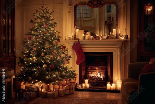 Wallpaper Mural Decorated Christmas tree with presents and fireplace Torontodigital.ca