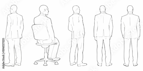 Line drawing of men in suits and an office chair viewed from the back