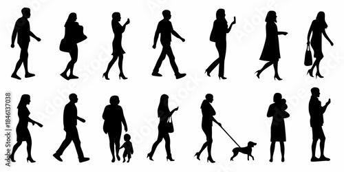 Silhouettes of people walking in various poses and activities a collection