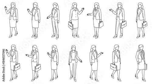 Series of fifteen line‑art drawings of businesswoman in skirt and blazer holding smartphone in varied poses, gesturing, typing, and interacting, minimal contour illustration for character design, anim