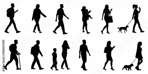 Silhouettes of people walking and interacting in an urban environment
