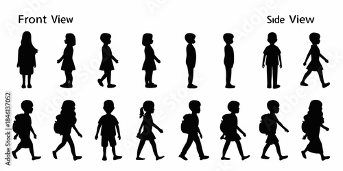 Silhouettes depicting various walking poses of children in different stages