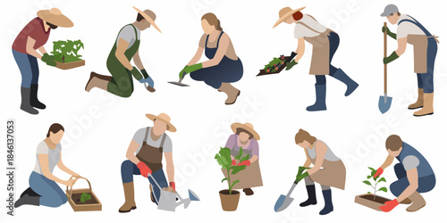 Diverse group of people gardening and tending to plants outdoors