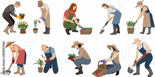 People gardening a collection of stylized illustrations showing various gardening activities