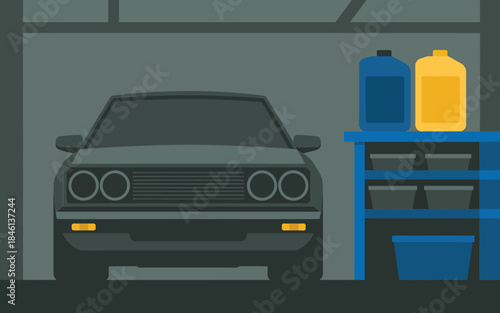 A flat design illustration of a dark grey classic car parked inside a home garage illustration