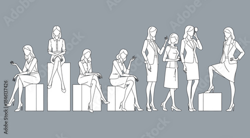 Grayscale illustration of eight professional women in elegant attire holding roses, posed sitting and standing on blocks or stools against solid gray background, minimal contour line art for fashion, 