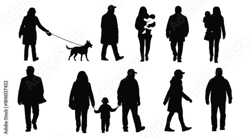 Collection of ten black silhouette figures of adults and children in everyday activities including walking, carrying child, and walking dog, minimal contour illustration on white background for lifest