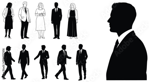 Collection of ten human silhouettes in formal and semi‑formal attire with varied poses plus large male profile in suit, minimal black contour illustration on white background for fashion, character de