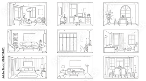 Grid of nine black‑and‑white line drawings showing interior room layouts including living rooms, bedrooms, kitchens, dining areas, and workspaces, minimal contour illustration for architecture, interi