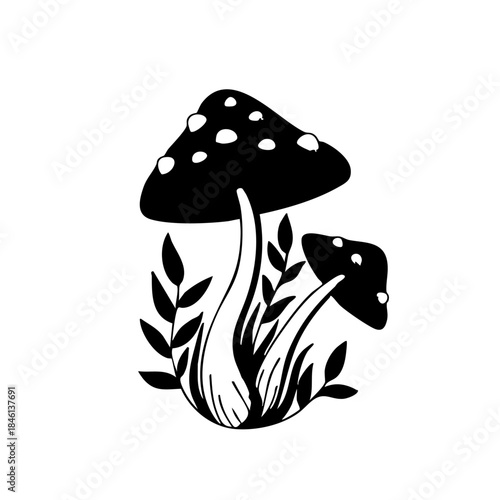 Two black mushrooms with white spots, surrounded by grass and leaves, in a stark, graphic, high-contrast, black and white illustration.
