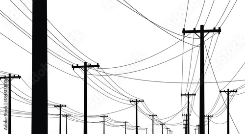 Urban power line poles silhouette illustration with dense overhead cables, abstract electricity network concept, minimalist black and white vector infrastructure background
