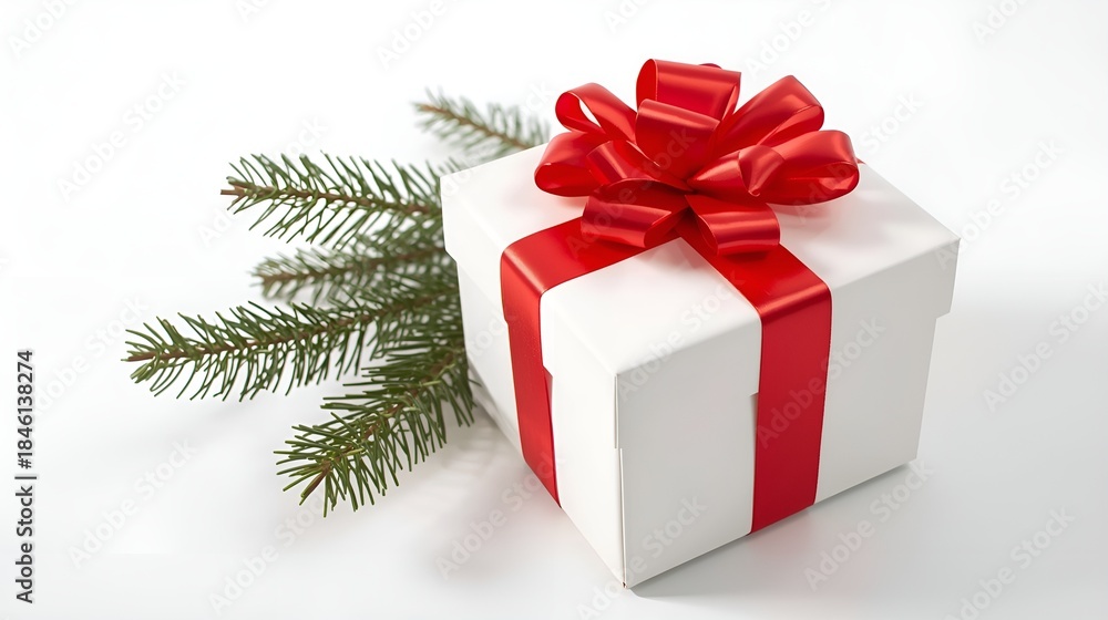 Obraz premium White gift box with red ribbon, Gift box with fir branches 
