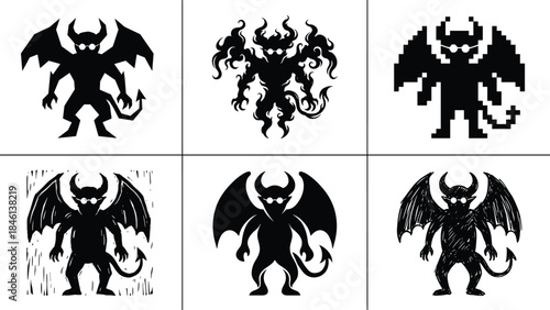 Demon silhouette set, winged devil monsters gothic halloween fantasy vector illustration collection