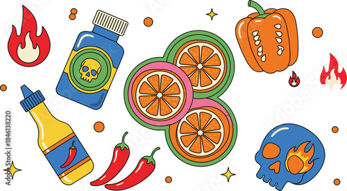 Spicy food and hot sauce illustration set with chili peppers, orange slices, bottles, flames and bold cartoon elements