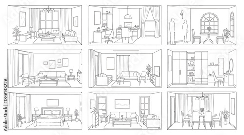 Collection of nine black‑and‑white line drawings of residential interior layouts including dining rooms, living rooms, bedrooms, and bathrooms, detailed contour illustration for architecture, interior