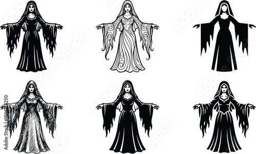 Gothic witch silhouette set, dark sorceress female characters halloween fantasy illustration collection