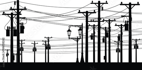 Utility pole and streetlamp silhouette, electrical infrastructure, power lines, transformers, insulators, urban grid, black vector, dense network, city energy distribution