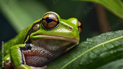 Ultra Close-Up Macro Portrait of a Green Tree Frog on Tropical Leaf
