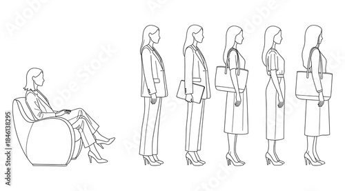 Line drawing sequence of six women including one seated with crossed legs and five standing in identical business attire holding handbags, minimal contour illustration symbolizing conformity, uniformi