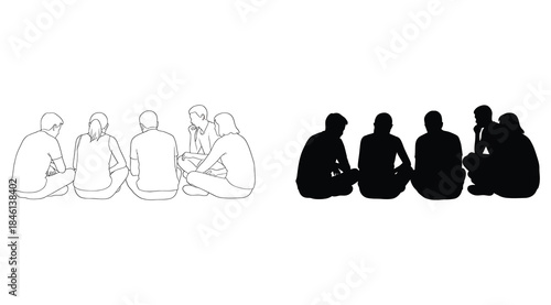 Illustration of two groups of six people seated in circles, one in white outlines and one in solid black silhouettes, minimal contour artwork symbolizing conversation, inclusion, exclusion, identity, 