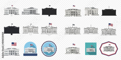 Collection of White House illustrations in various styles, representing the iconic American presidential residence.