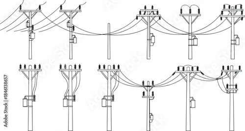 Utility pole configuration set, electrical components, transformer units, crossarm variations, power line layouts, technical silhouette, energy infrastructure, black vector, distribution design