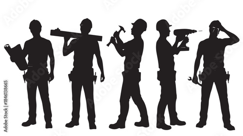 Construction Workers Silhouettes with Tools Isolated on White Background