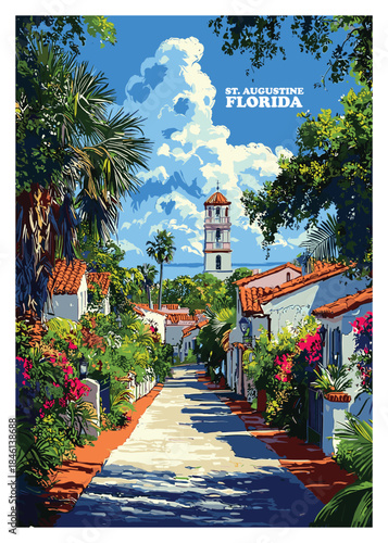 Vector illustration of st augustine florida street scene featuring historic architecture, lush greenery, and a serene atmosphere for web and print