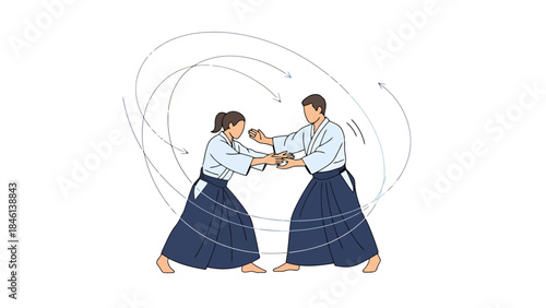 Traditional Japanese Martial Arts Practice with Two Participants in Uniforms
