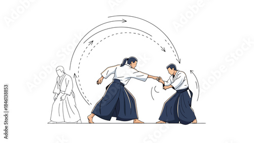 Dynamic Illustration of Two People Engaged in a Traditional Martial Arts Practice